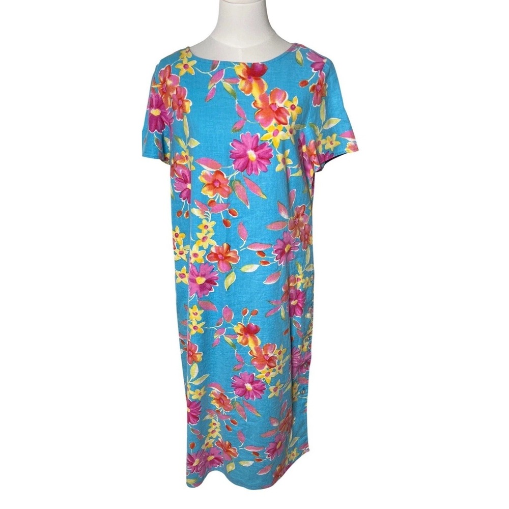 Talbots Linen Blend‎ Floral Shift Dress Turquoise Midi Petite 16P Coastal